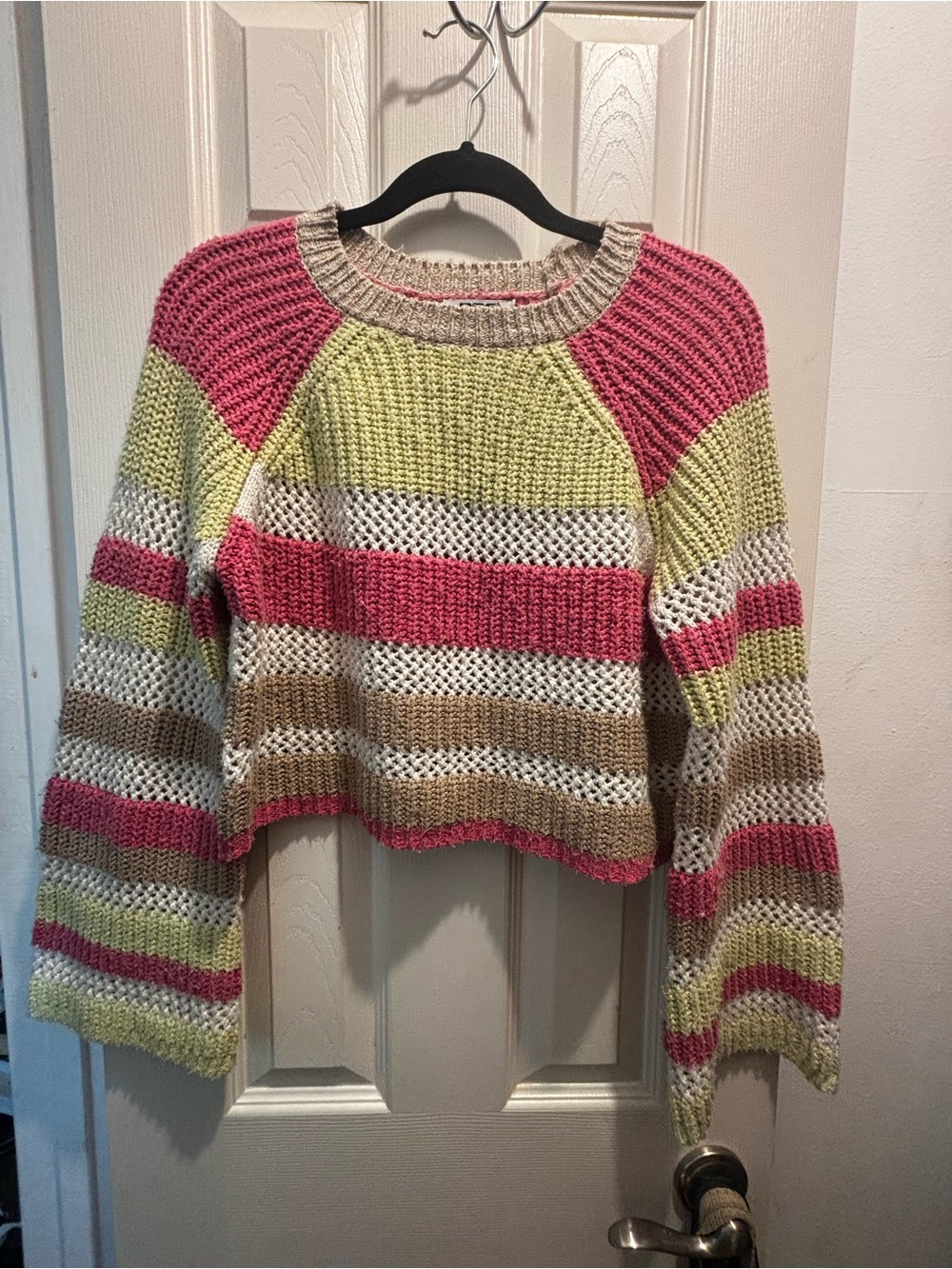 RSQ Cropped Open-Knit Crew Sweater in Pink, Lime & Tan